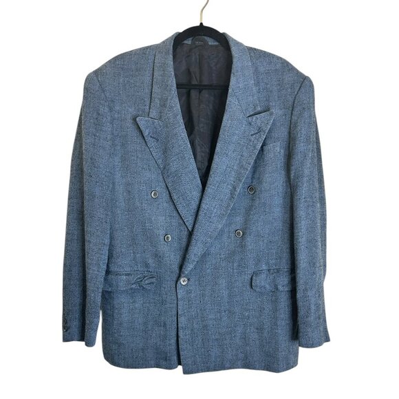 Vintage 100% Silk Double Breasted Men's Blue Blazer Sport Coat Jacket Sz 42L - Picture 1 of 6